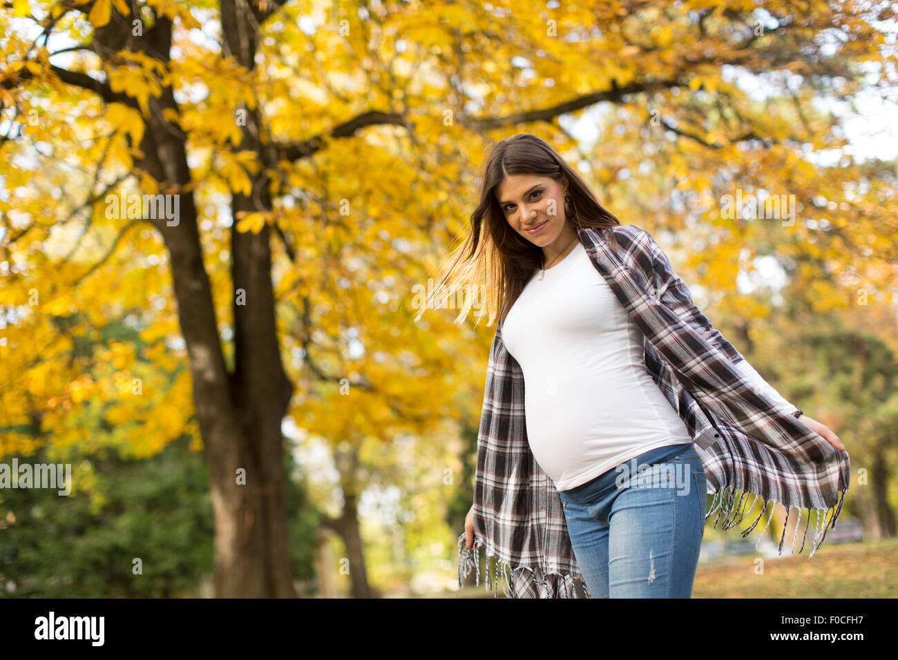 Young pregnant woman in the autumn park Stock Photo - Alamy
