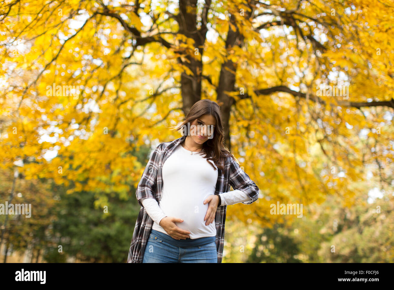 Young pregnant woman in the autumn park Stock Photo - Alamy
