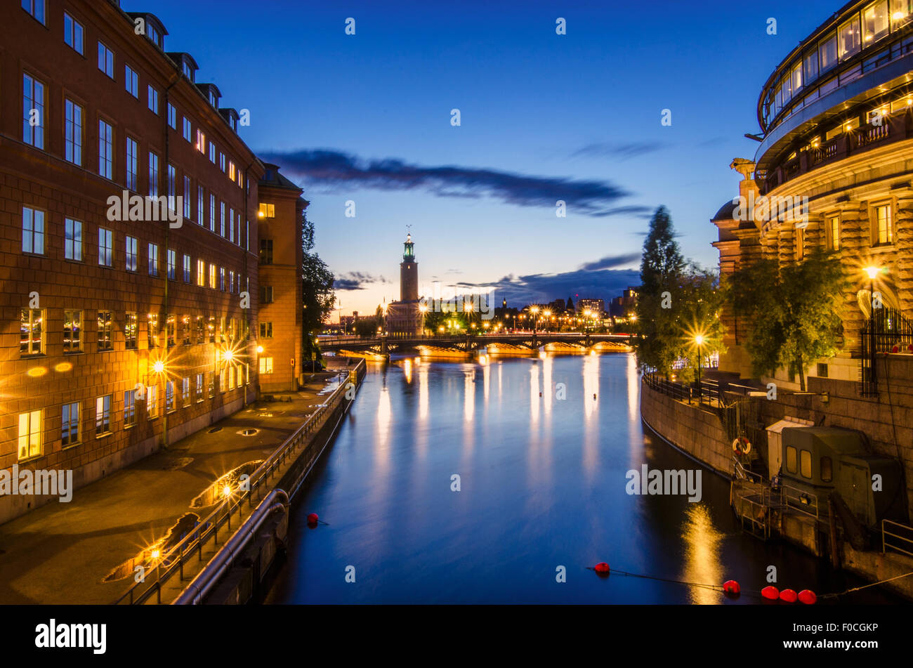 Some buildings at night in Stockholm. Stock Photo