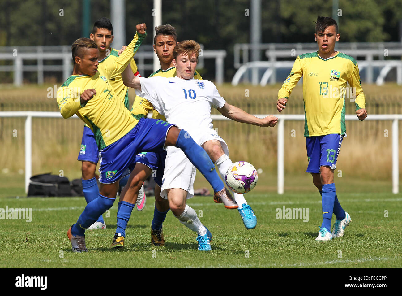 Nottingham, UK. 12th Aug, 2015. 2015 Cerebral Palsy World Games. Football Competition Brasil versus England. England player Oliver Nugent in a tussle for the ball with Brasil midfielder Bruno Pratis Da Silva © Action Plus Sports/Alamy Live News Stock Photo