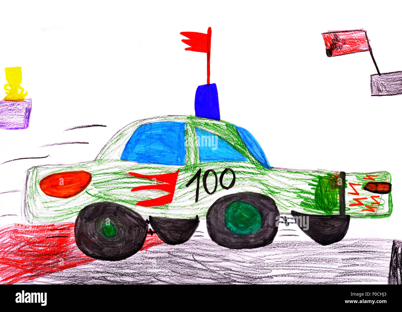 Kid Rally Drawing red racing car. child's drawing on paper Stock Photo - Alamy