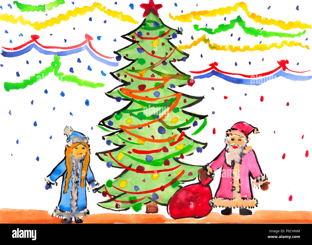 Child S Drawing Watercolor New Year Santa Claus Stock Photo