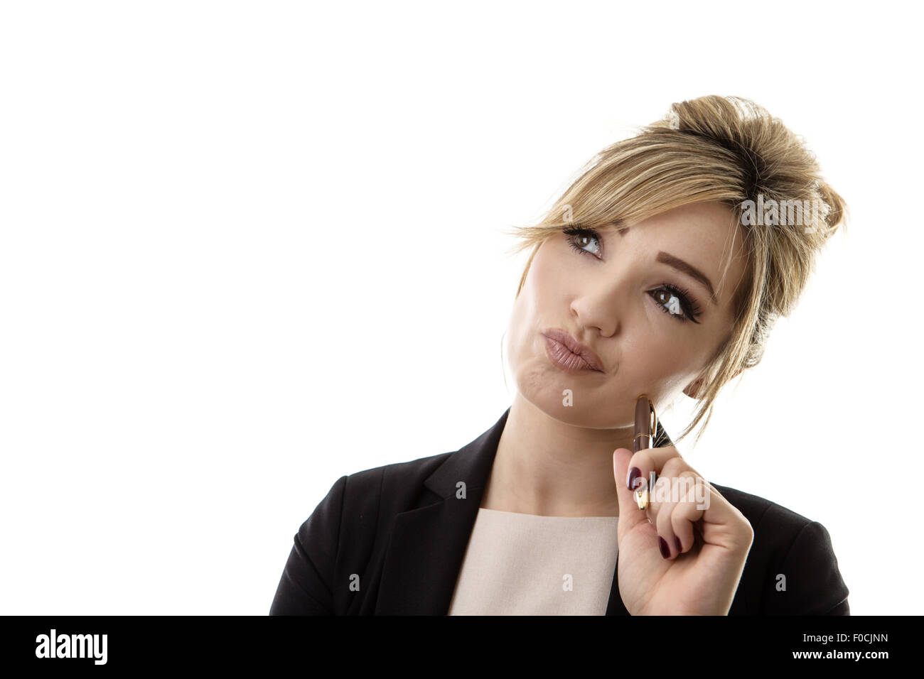 Woman thinking holding pen hi-res stock photography and images - Alamy