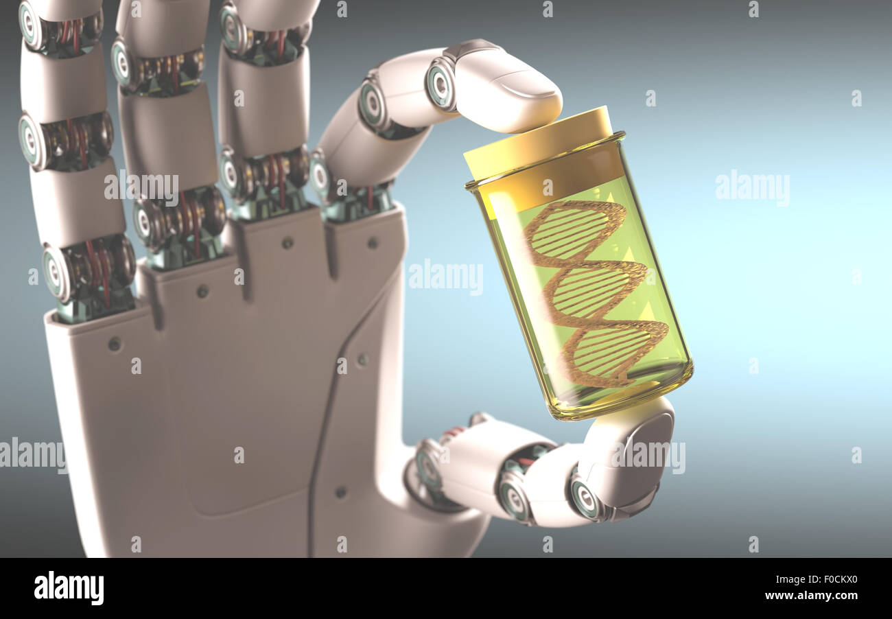 Robotic hand holding a test tube with a sample DNA inside. Concept of ...