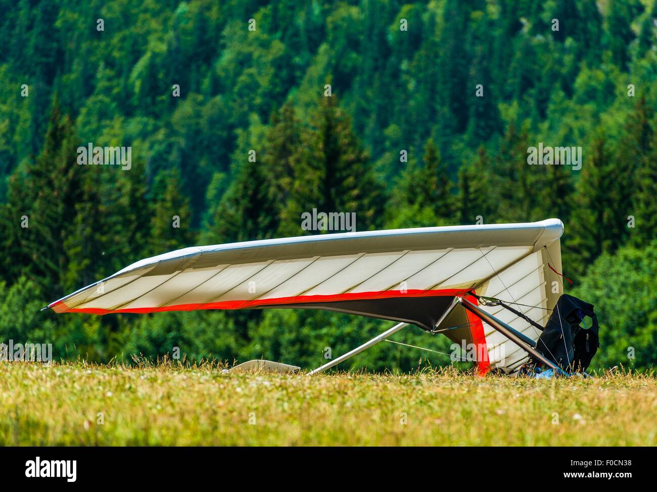 Hang Gliding Air Sport. Non-Motorized Foot-Launch Aircraft. Hang Glider on a Meadow Stock Photo