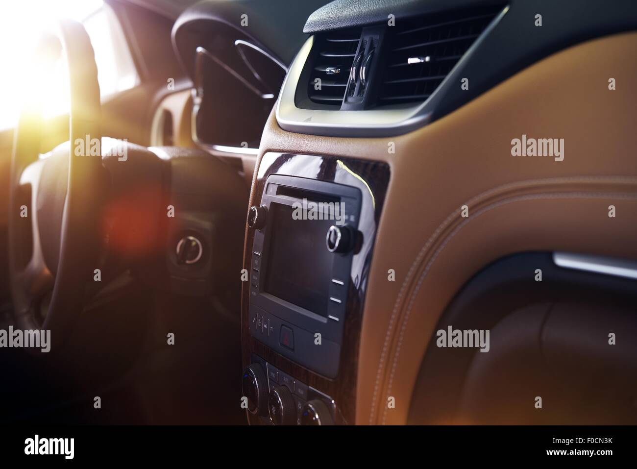 Modern Car Interior. Elegant Car Interior Design with Large Touch Screen Multimedia Device Stock