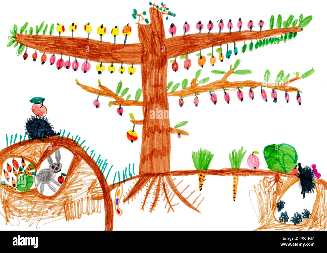Children S Drawing Apple Tree And Animals Stock Photo Alamy