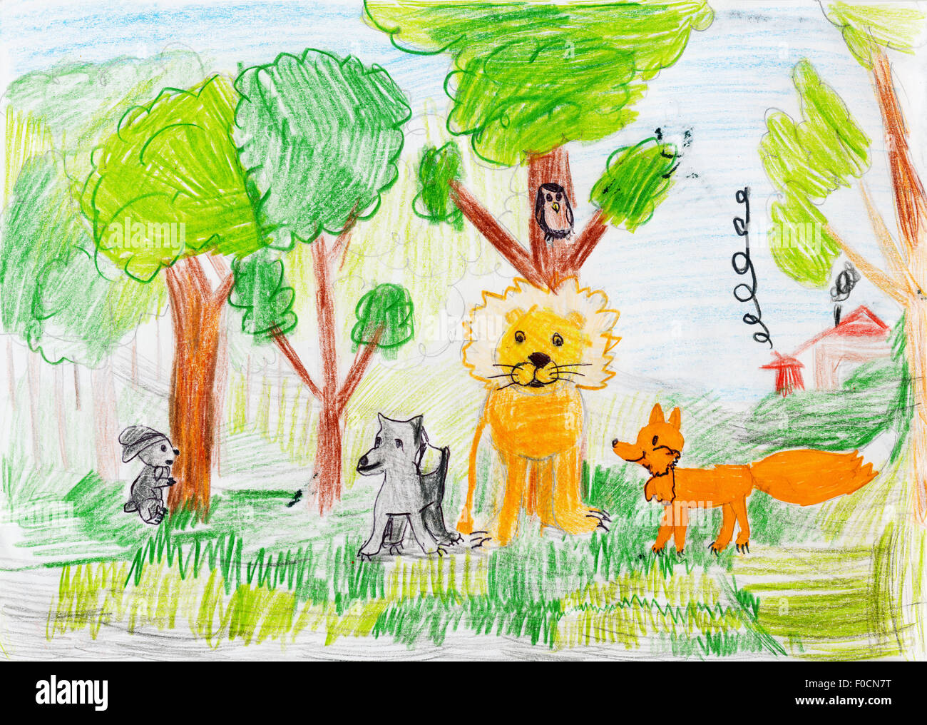 animals in the forest. child's drawing Stock Photo - Alamy