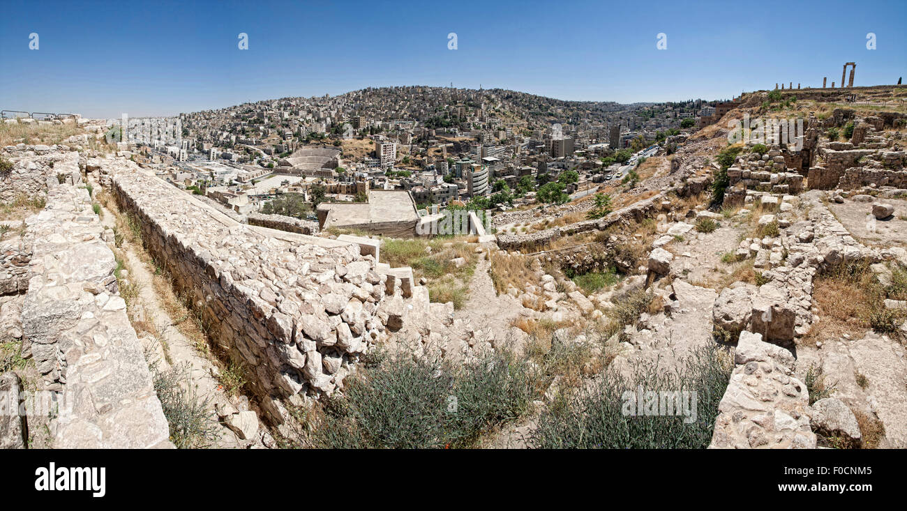 Panorama shot from the Amman Citadel, Featuring the Roman Theatre, Citadel walls and the remains of the The Temple of Hercules. Stock Photo