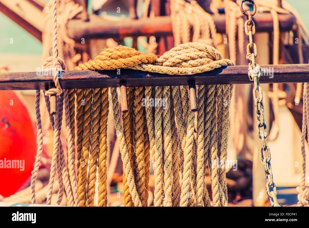 Yacht Mooring Rope. Vintage Boat Ropes Closeup. Marine Theme Stock