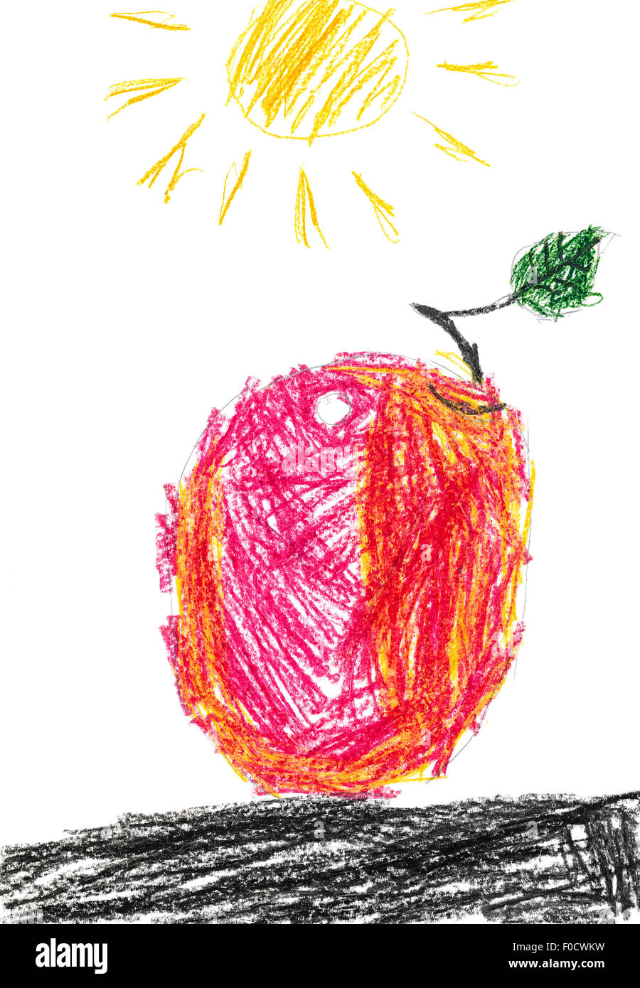 red apple and sun. children drawing by pencil Stock Photo