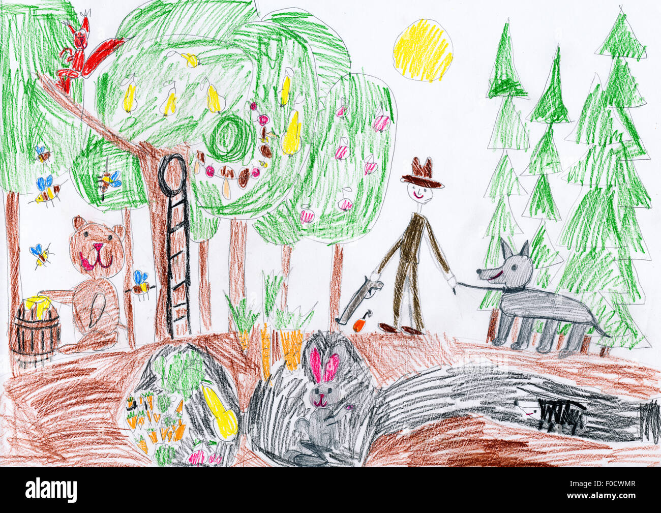 wild animals in forest and hunter with dog. child drawing Stock Photo -  Alamy