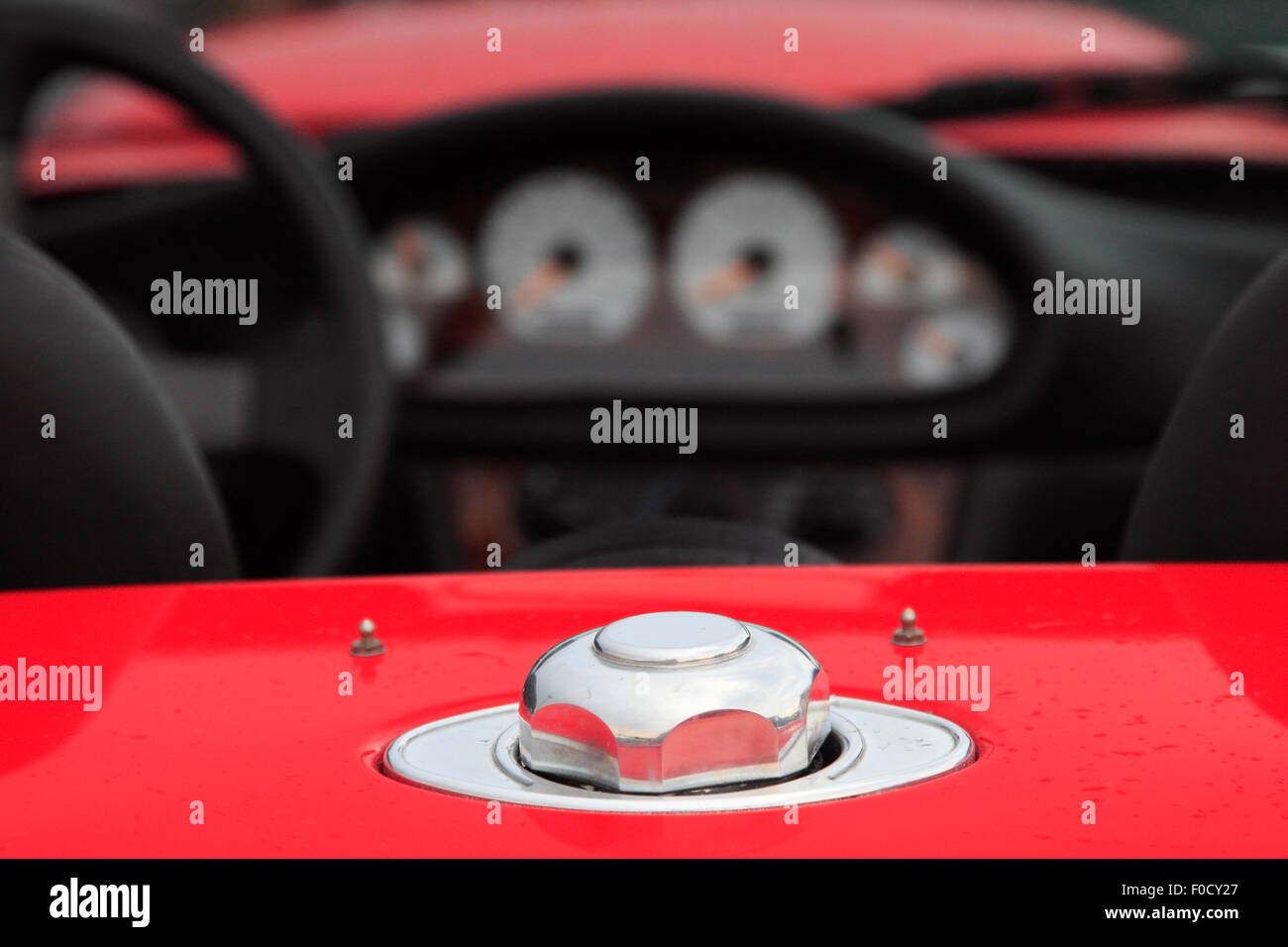Close up of a cabriolet car with a focus on the fuel cap. Stock Photo