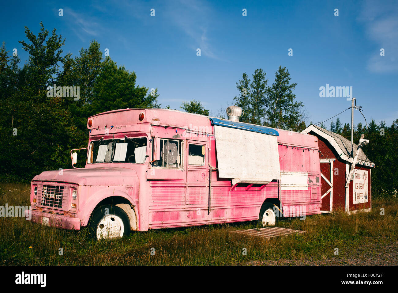 Old GMC bus with faded pink paint and mini barn converted for take out food. Rural setting and vintage film look. Stock Photo