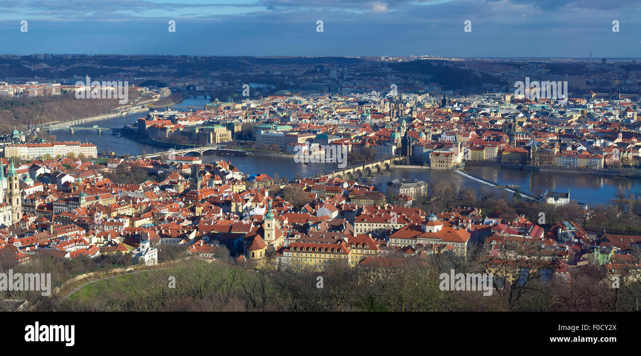 wide angle view over prague with the old town over the river Stock Photo