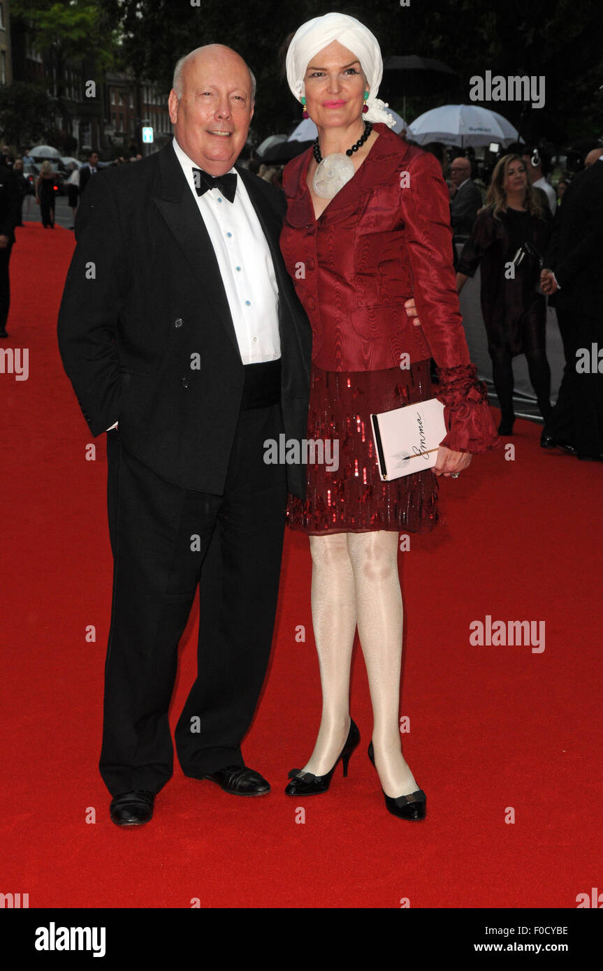 London, UK, 11 August 2015, Julian Fellowes and wife Emma Joy Kitchener attends the BAFTA tribute and special award ceremony for ITV's Downton Abbey at the Richmond Theatre for a special tribute program called 'Bafta Celebrates Downton Abbey' to be broadcast later in the year. Stock Photo