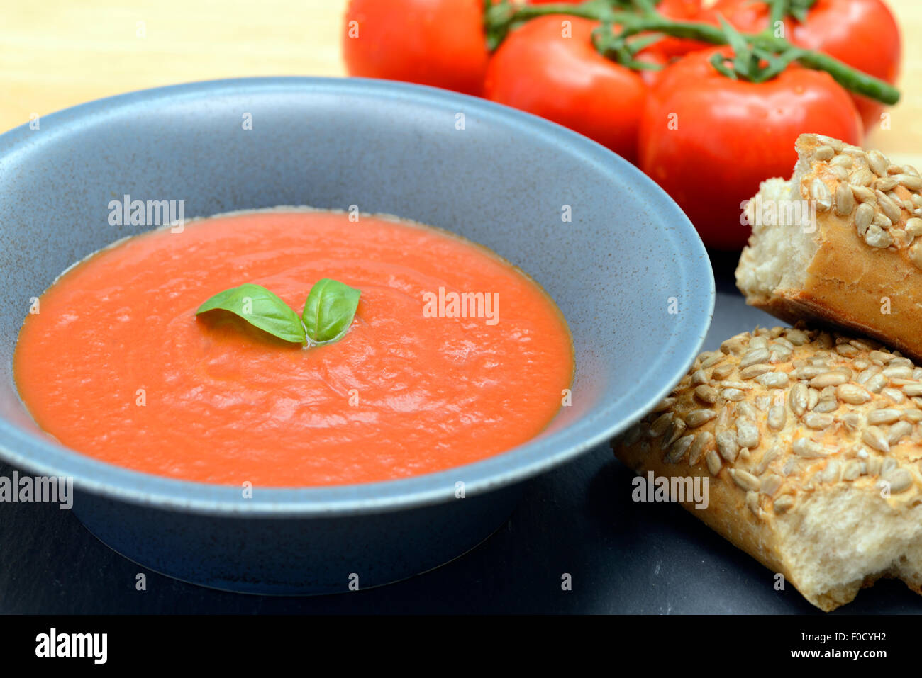 Chunky Tomato soup from Amy's Kitchen tinned soup collection. Stock Photo