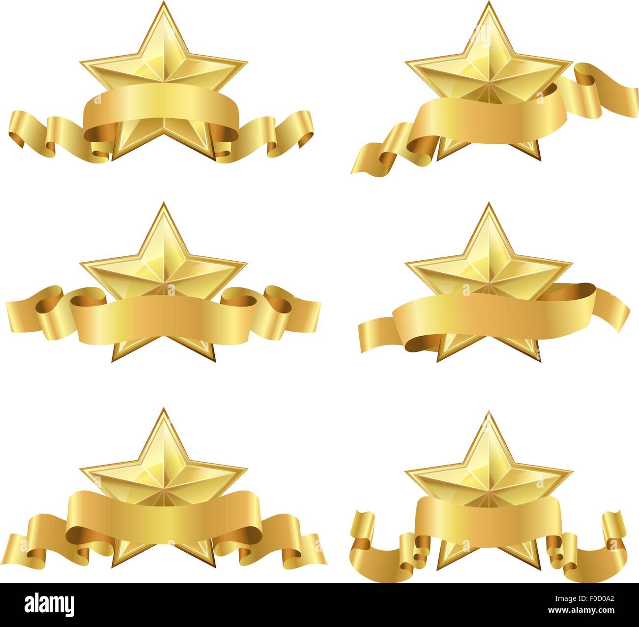 set of golden realistic stars with ribbons on white Stock Vector