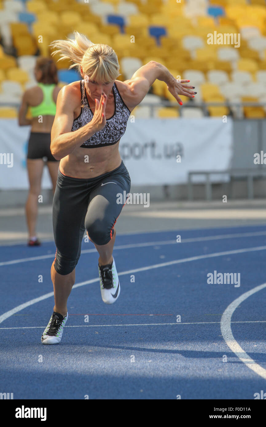 Ukrainian sprint athlete Nataliya Pohrebnyak is seen during the training.  The Ukrainian athletics team held an open training session before its  departure for the 15th IAAF World Championship to take place in