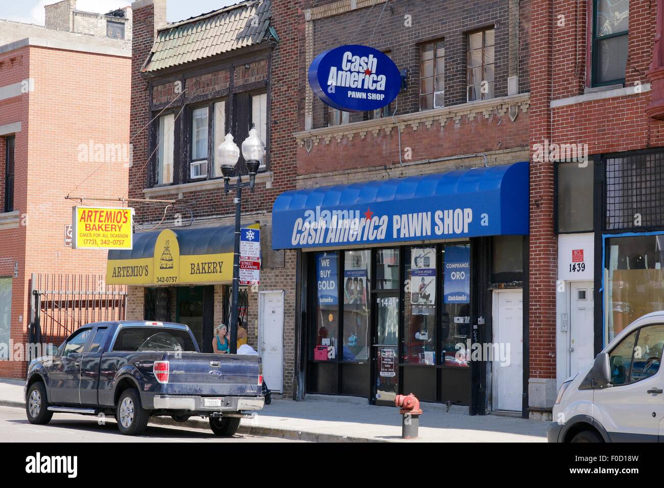 Pawn shop, Milwaukee Avenue. Wicker Park neighborhood, Chicago, Illinois. Stock Photo