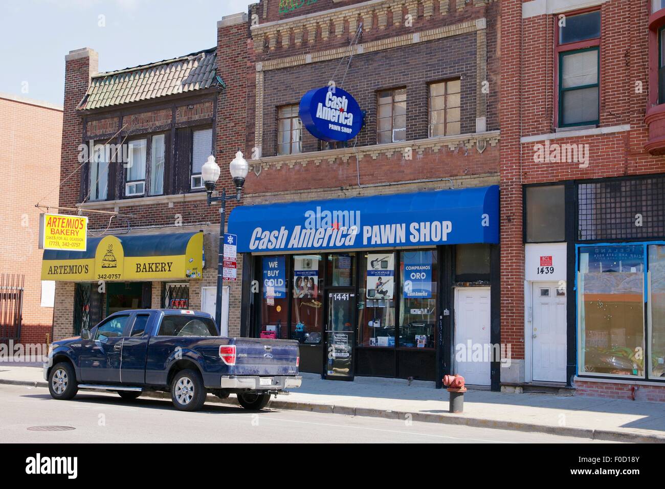 Pawn shop, Milwaukee Avenue. Wicker Park neighborhood, Chicago, Illinois. Stock Photo