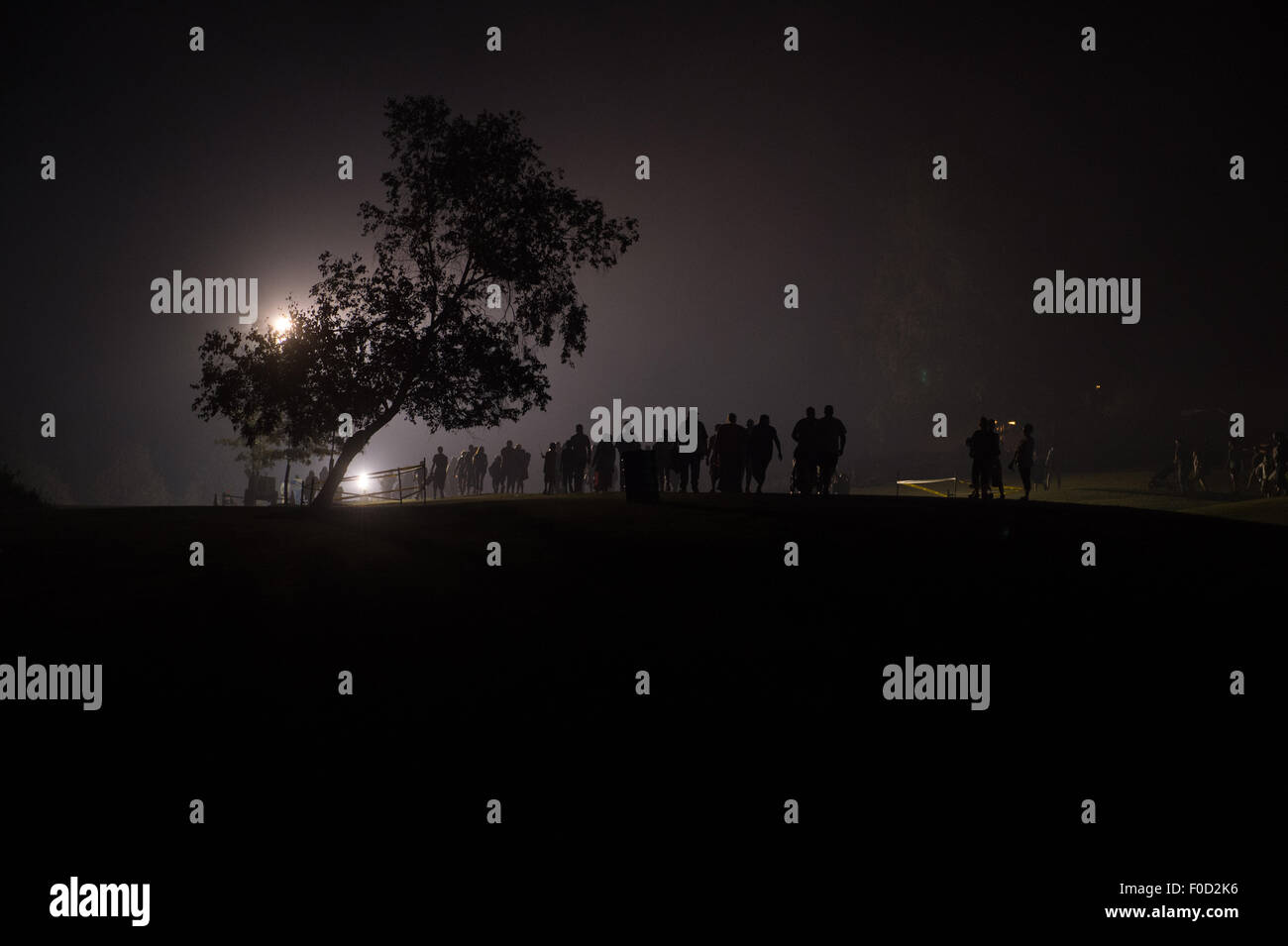 Crowd of people silhouetted walking along pathway at night Stock Photo