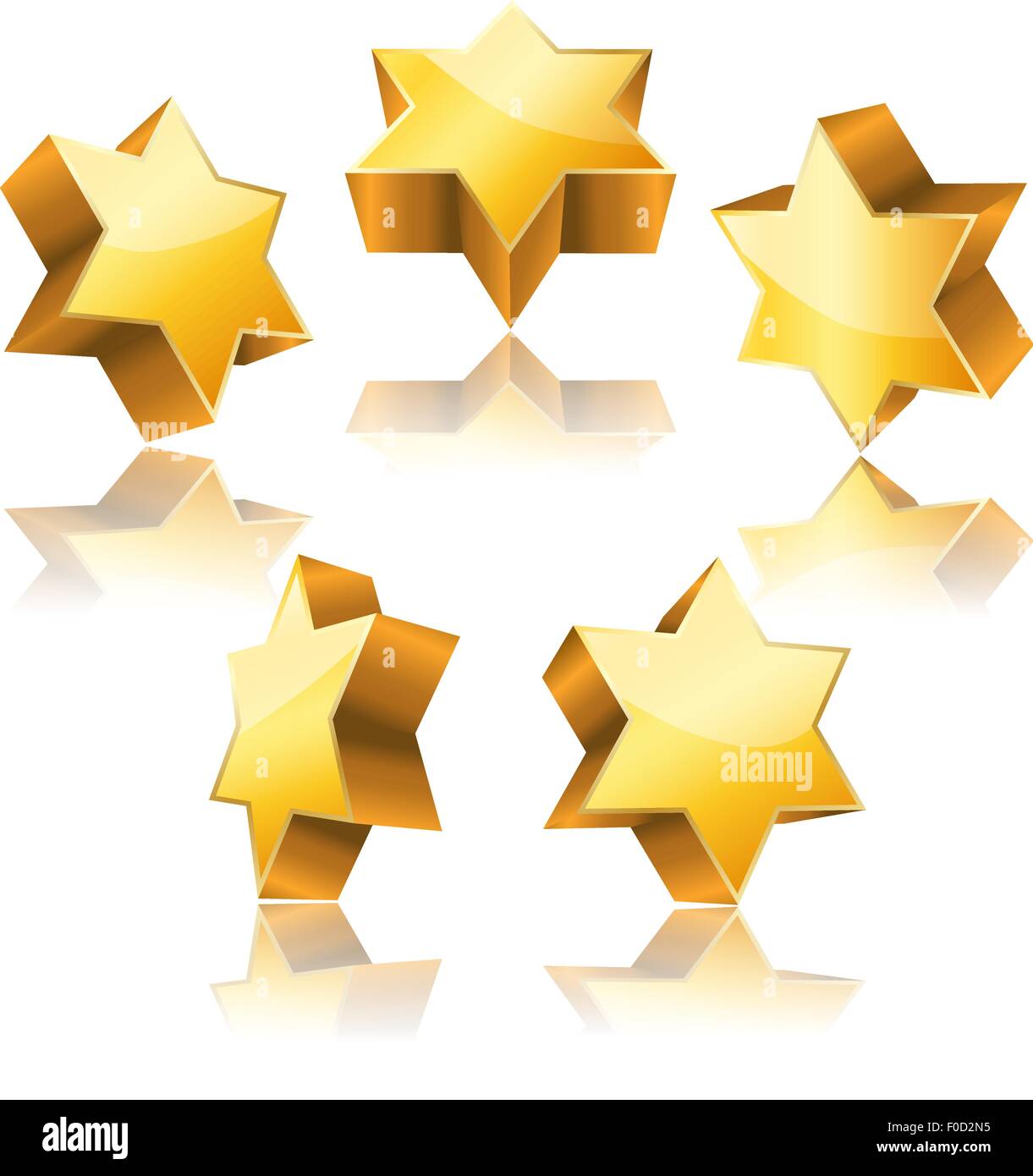 metallic 3d golden star of David with reflection set Stock Vector