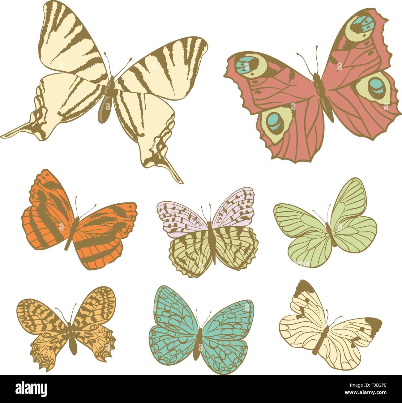 set of various butterflies in retro colors Stock Vector
