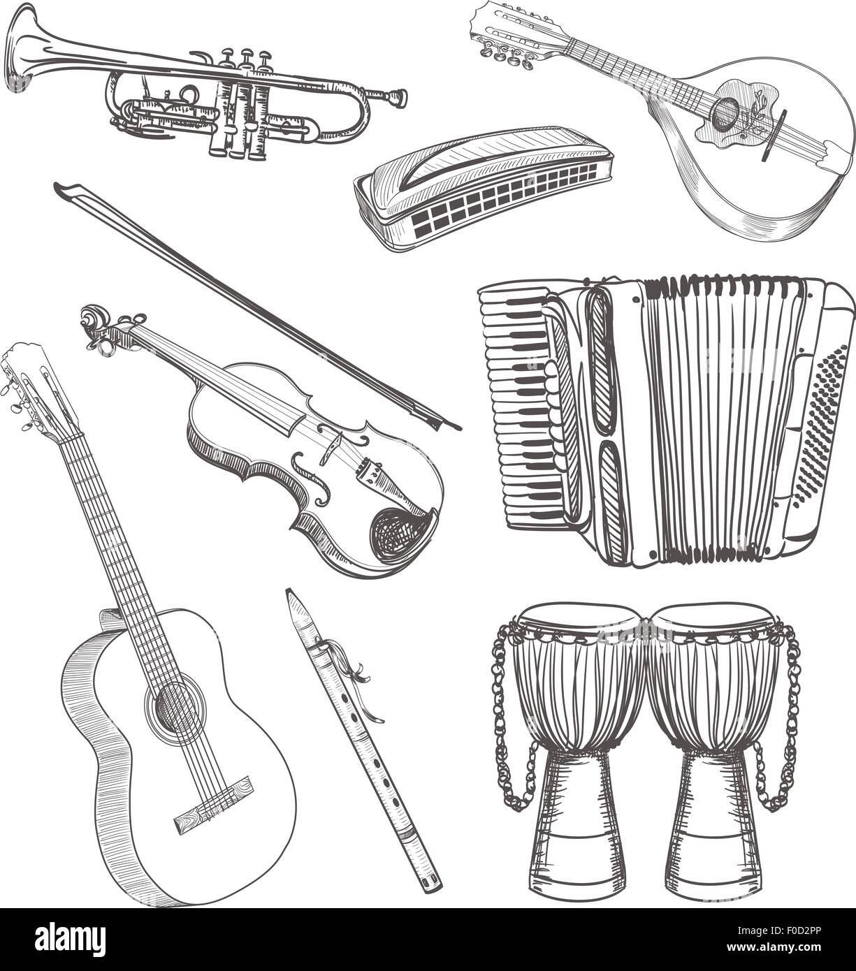folk musical instruments drawing set Stock Vector