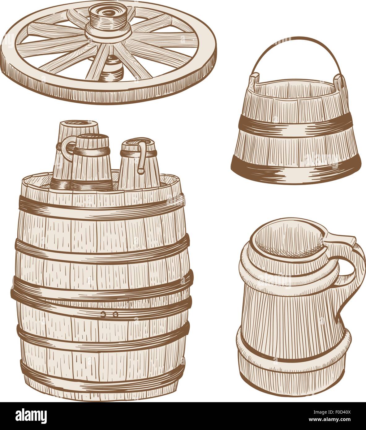 old wooden mugs, bucket, cart wheel, barrel drawing Stock Vector