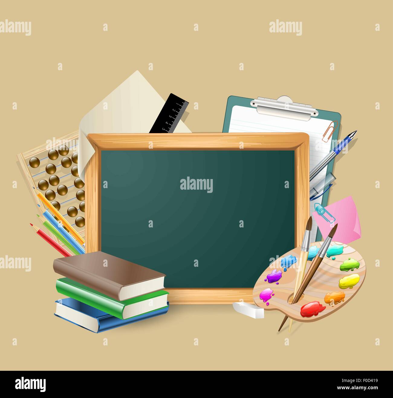 little blackboard with set of stationary tools Stock Vector