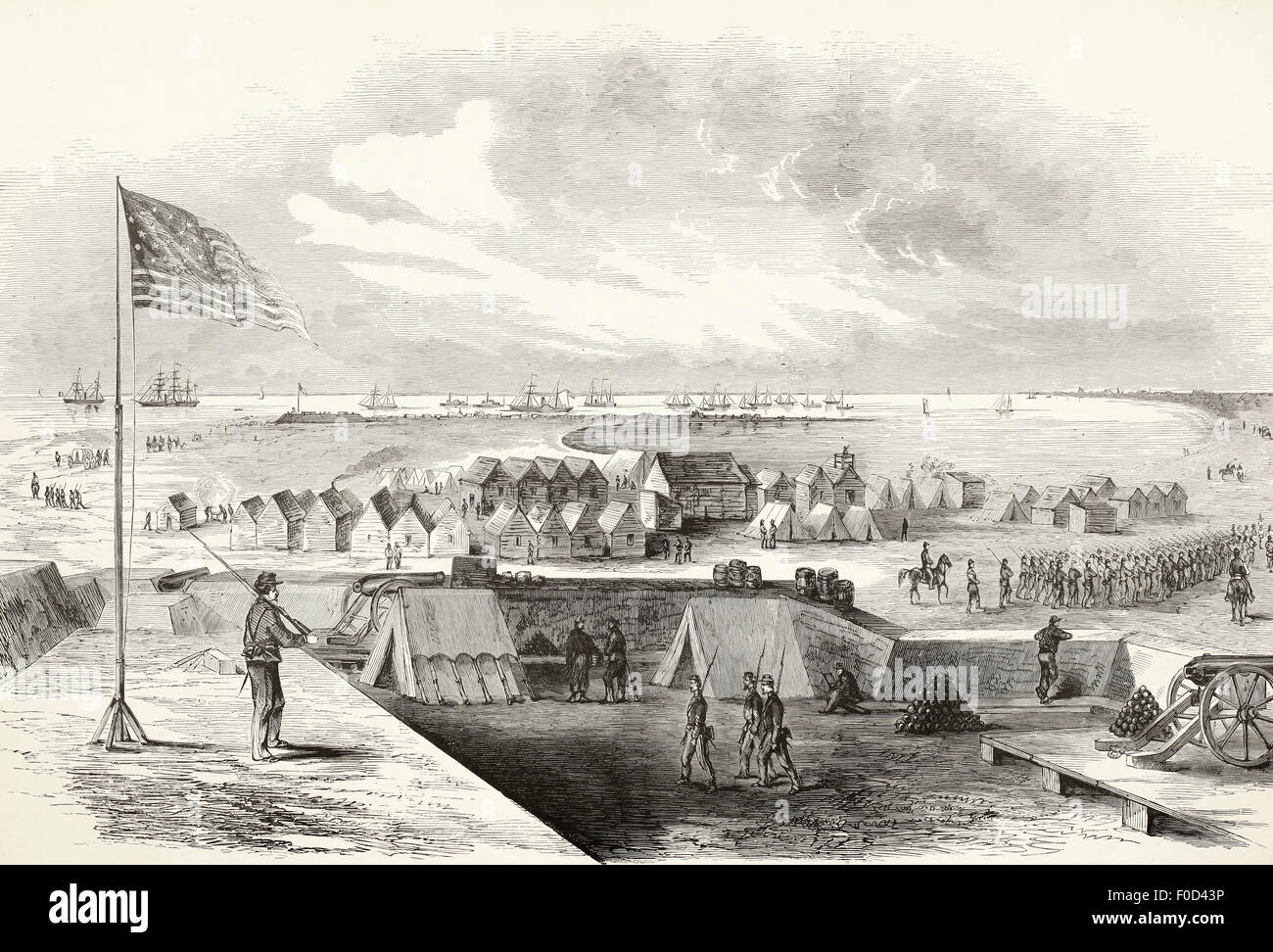 View of the Camp of the Twentieth Indiana Regiment. Fort Hatteras and the Anchorage at Hatteras Inlet NC, during USA Civil War Stock Photo