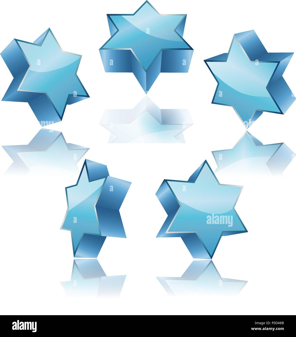 metallic 3d blue star of David with reflection set Stock Vector