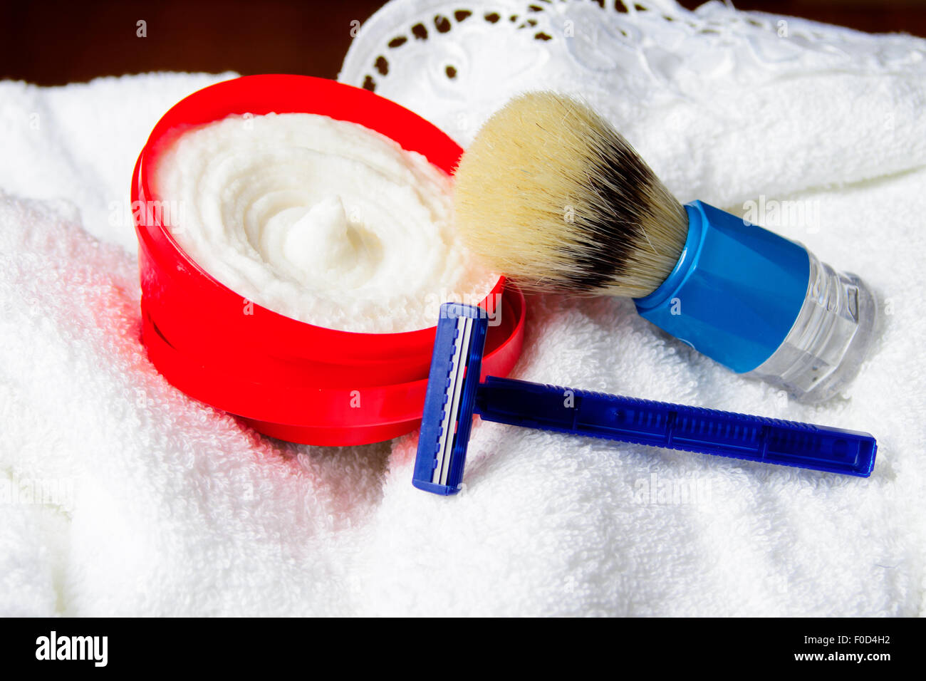 kit shaving soap, razor blade towels, shower, aftershave Stock Photo