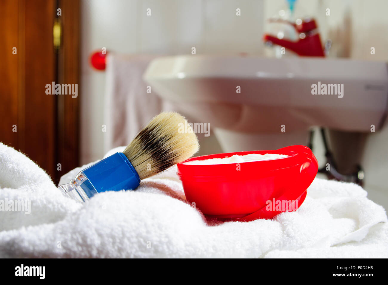 kit shaving soap, razor blade towels, shower, aftershave Stock Photo
