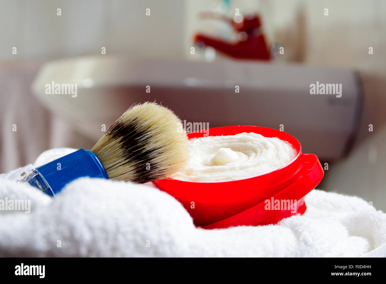 kit shaving soap, razor blade towels, shower, aftershave Stock Photo