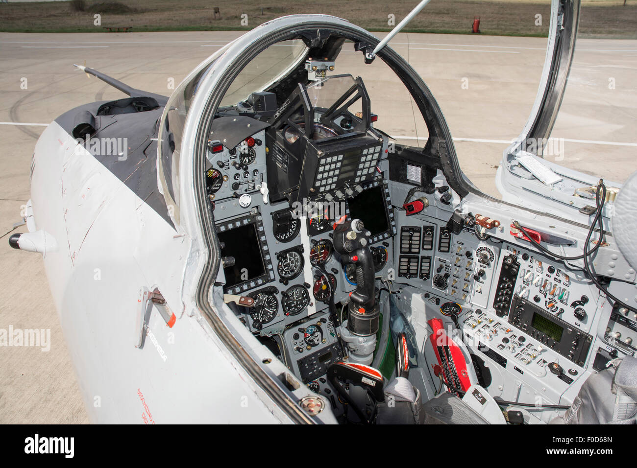 Upgraded glass cockpit of a Romanian Air Force MiG-21 LanceR C at Camp Turzii, Romania.  Câmpia Turzii. Stock Photo