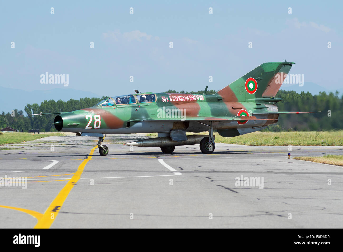 Bulgarian Air Force MiG-21UM Mongol taxiing at Graf Ignatievo Air Base, Bulgaria, during Exercise Thracian Star 2015. Stock Photo