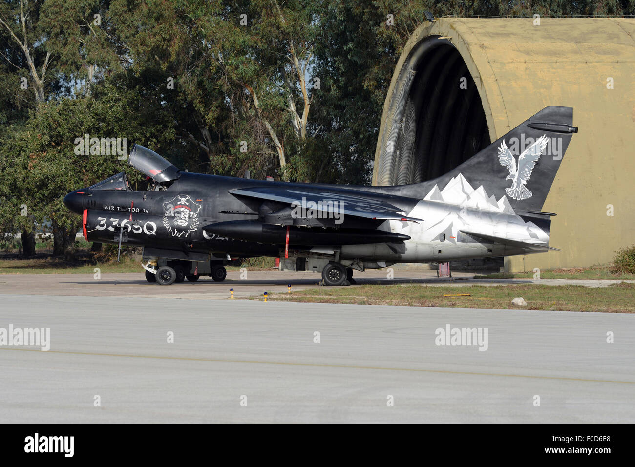 336 Mira flagship A-7E Corsair on the ramp at Araxos Air Base, Greece, before its final retirement at the end of October 2014. Stock Photo