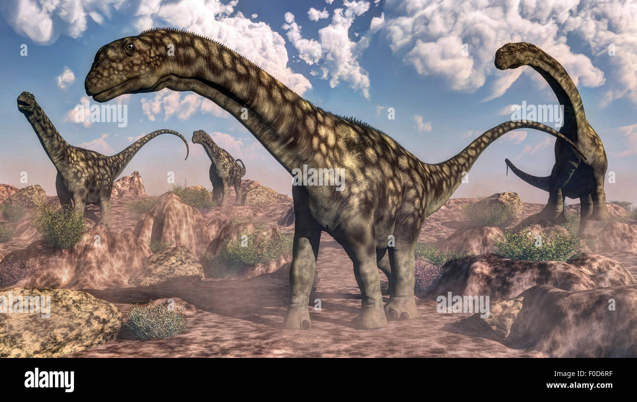 Argentinosaurus dinosaurs walking in the rocky desert. Stock Photo