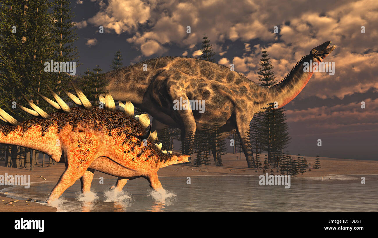Dicraeosaurus and Kentrosaurus dinosaur walking peacefully next to calamite trees by sunset. Stock Photo