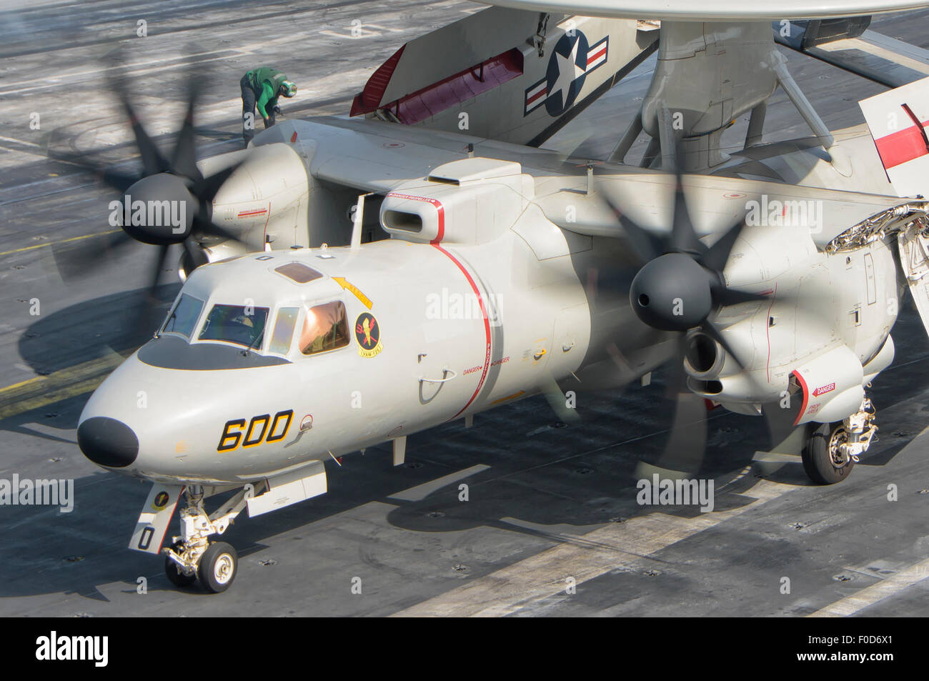 An E-2D Advanced Hawkeye assigned to the Tigertails of Carrier Airborne Early Warning Squadron 125 (VAW-125), aboard the Nimitz- Stock Photo