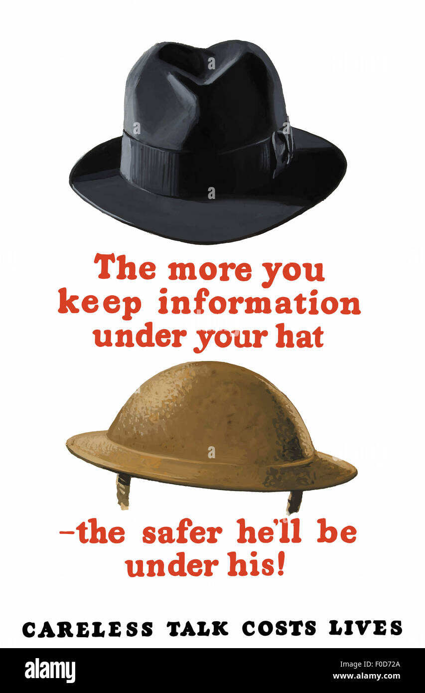 Vintage World War II poster featuring a fedora and an Army helmet. It reads: The more you keep information under your hat - the Stock Photo