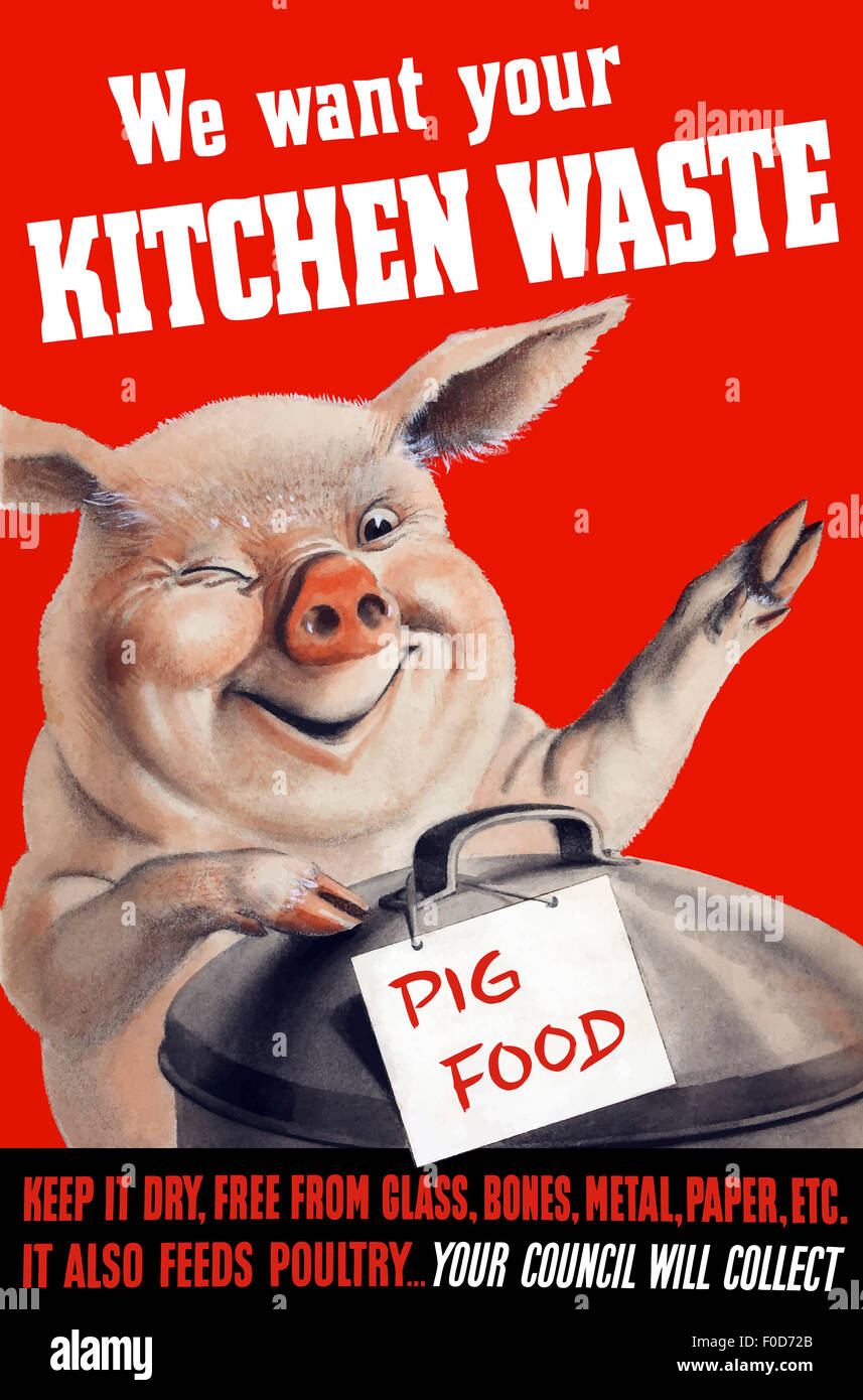 Vintage World War II poster featuring a pig standing with a garbage can. The can is labeled, Pig Food. The poster reads: We Want Stock Photo