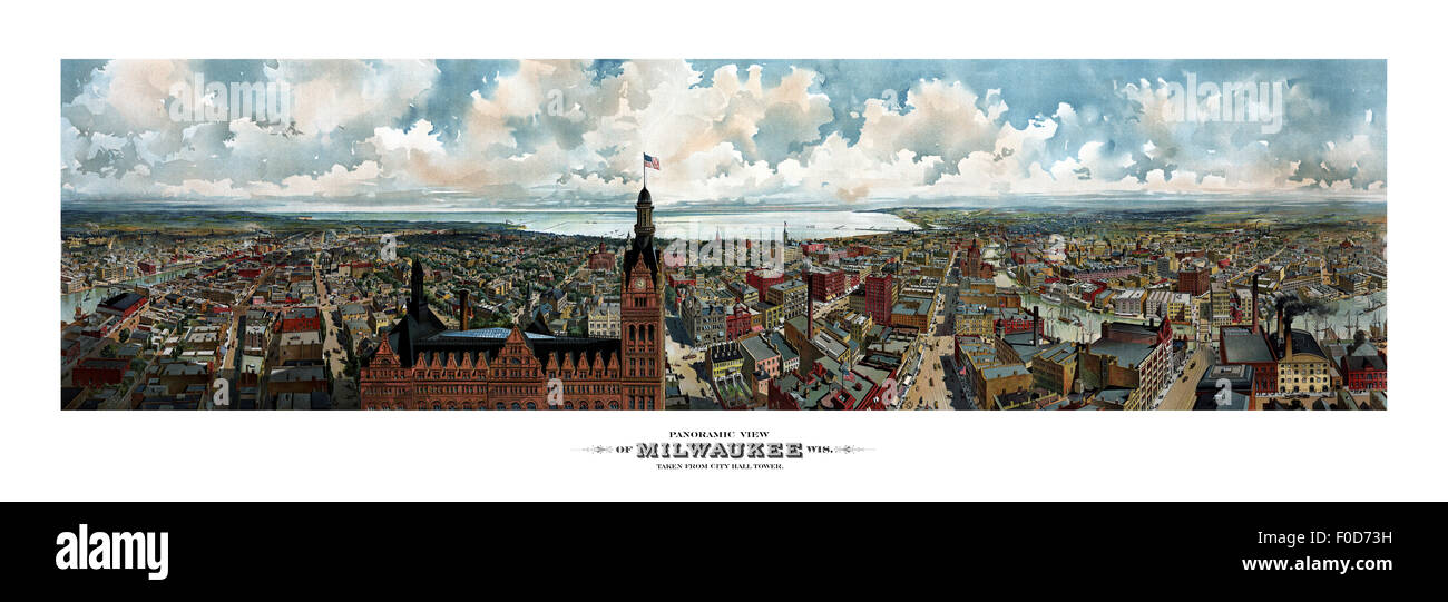 Vintage American History print showing a panoramic view of Milwaukee, Wisconsin, taken from City Hall Tower. Stock Photo
