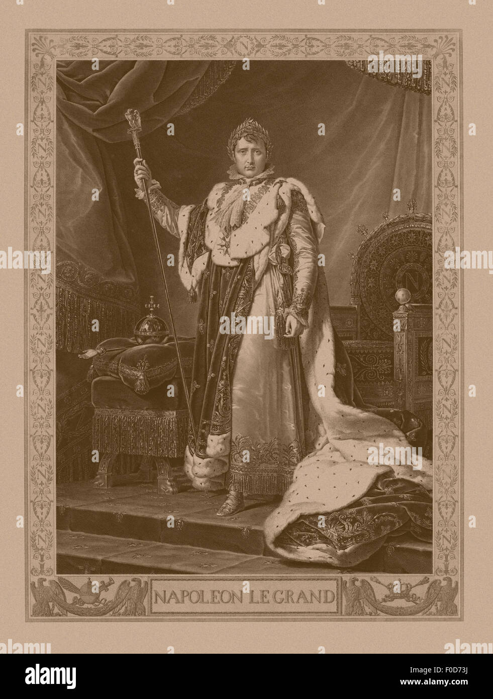 Napoleon Bonaparte in his coronation costume, sitting on his imperial throne. Stock Photo