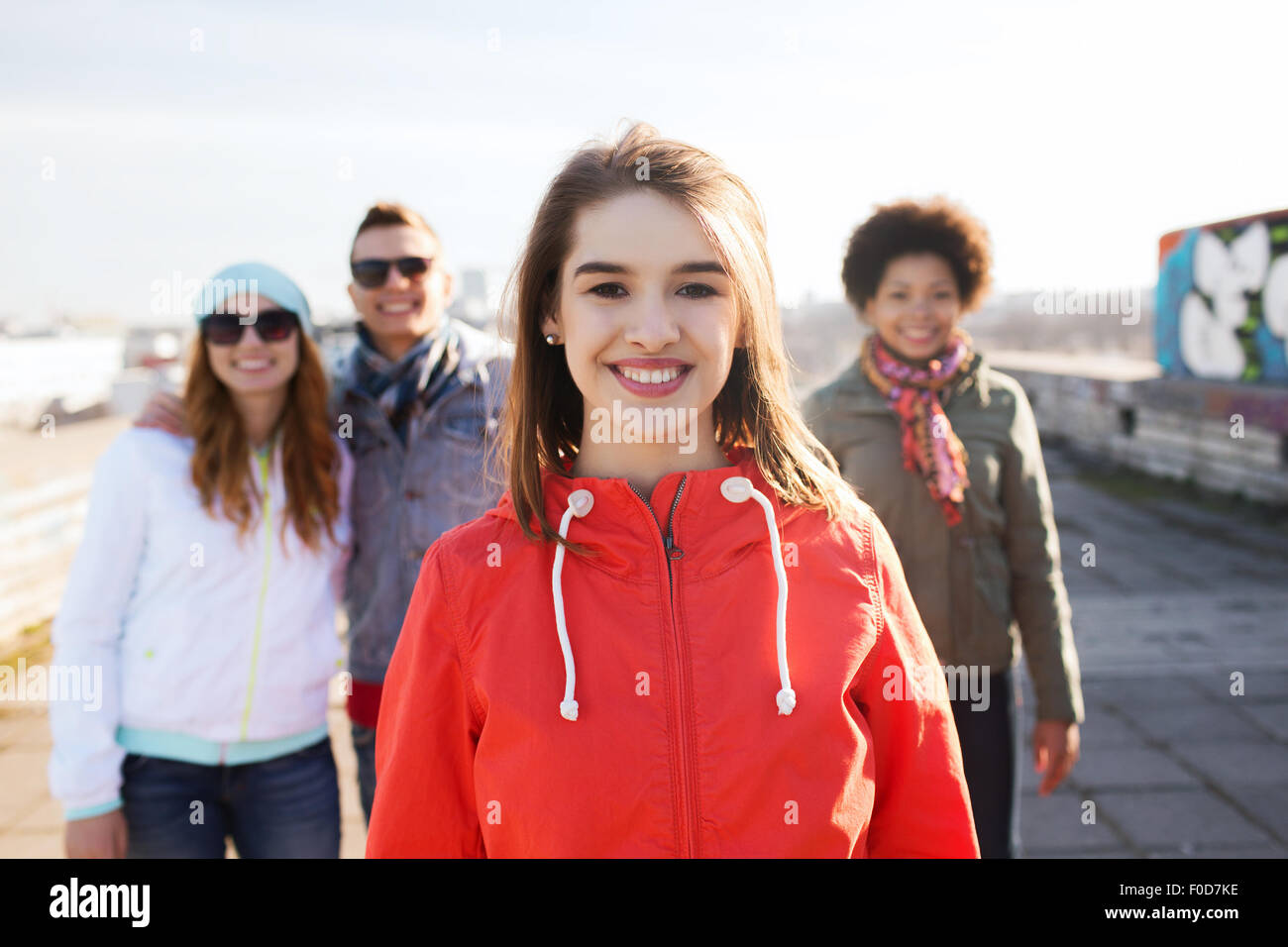 group of happy teenage friends on city street Stock Photo