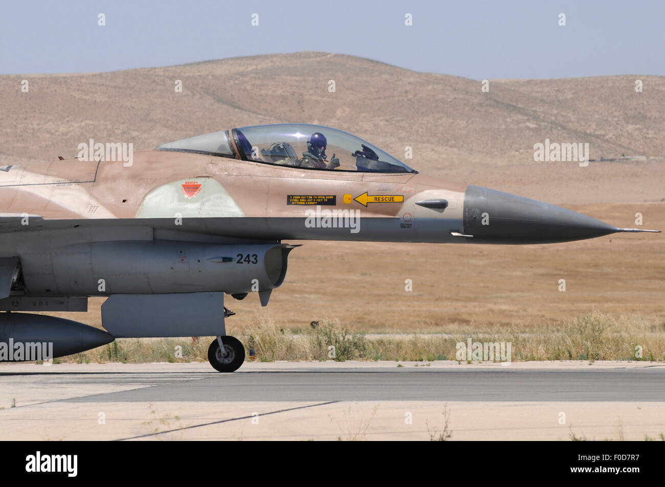 An Israeli Air Force F-16A Netz taxiing at Nevatim Airbase, Israel. Stock Photo