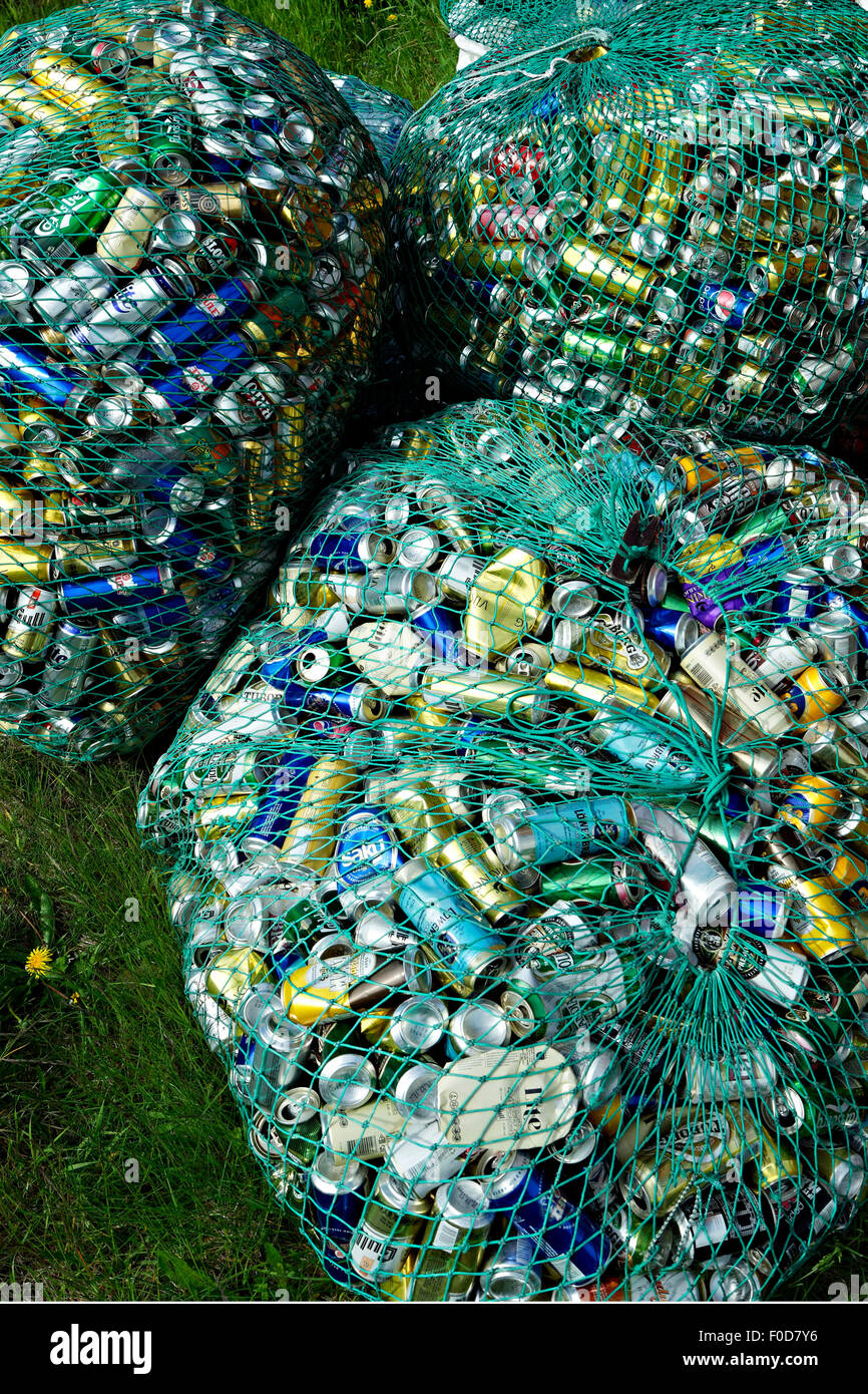 Drink cans for recycling in netting, Flatey, Iceland Stock Photo