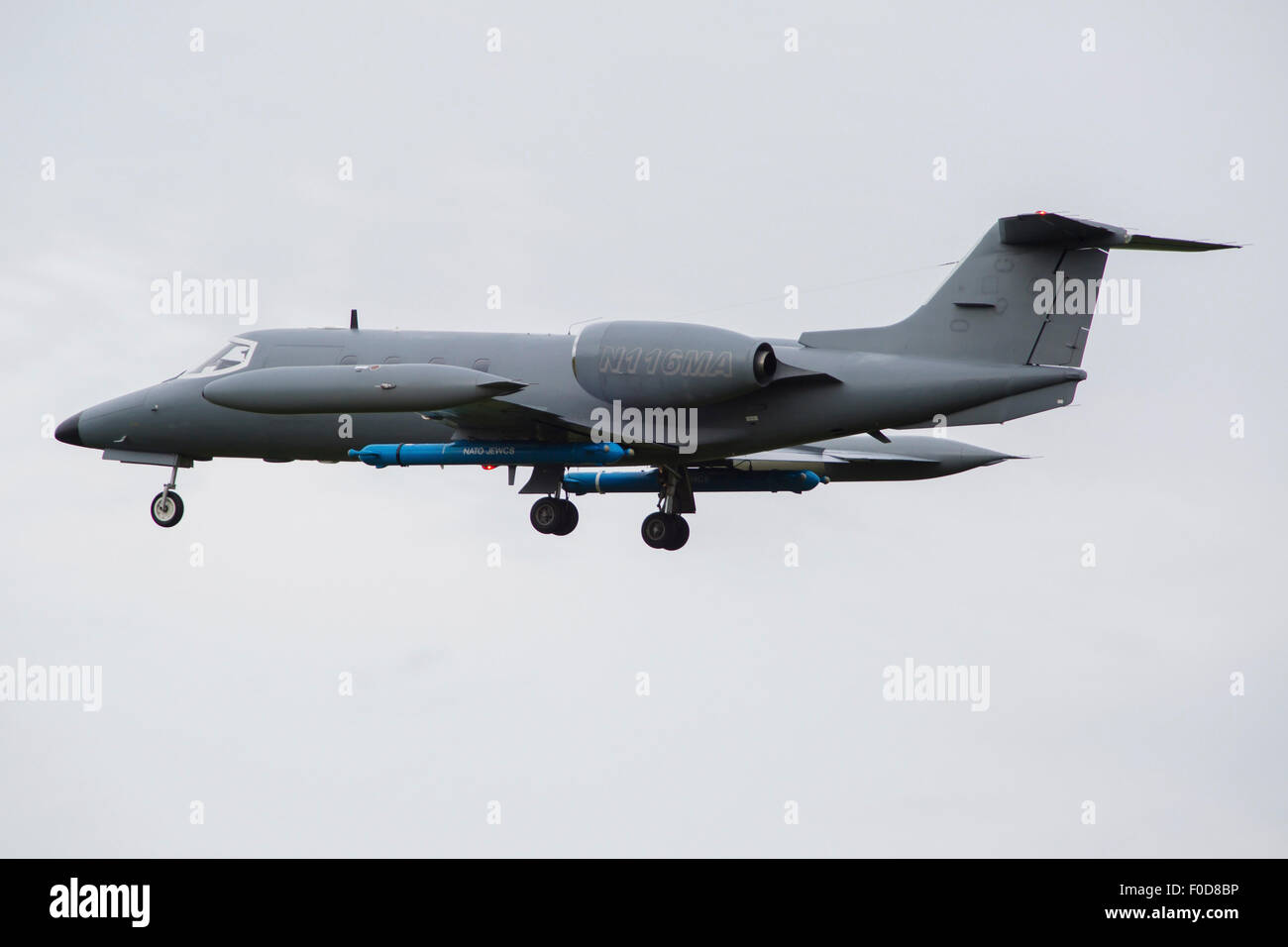 Learjet used to simulate Electronix threats at NATO exercise Frisian Flag 2015, Netherlands. The learjet is equipped with jammin Stock Photo